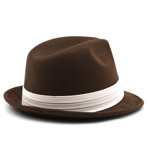 Detail of a dark brown suede fedora featuring a teardrop crown and white pleated band
