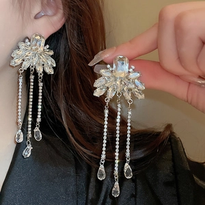 Elegant crystal flower tassel earrings with long fringe and silver posts for women