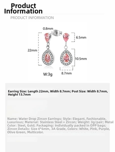 Detail view of pink teardrop zircon earrings with stainless steel dimensions 22x8.7mm