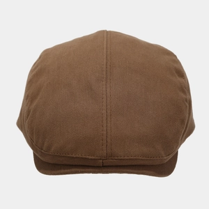 Classic dark brown cotton flat cap with textured twill fabric and short stiff brim
