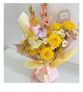 Detail of Korean style flower bouquet wrap with pink ribbons and Mon Amour label