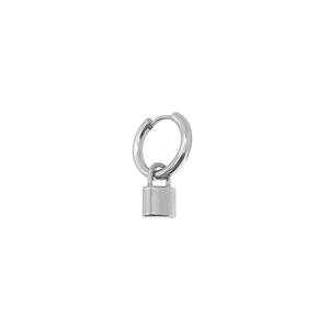 Unisex silver titanium steel hoop earrings featuring a minimalist industrial padlock pendant