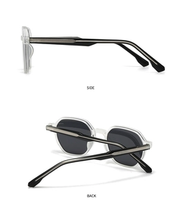 Detail view of round sunglasses featuring transparent frames and metal core wire inside temples