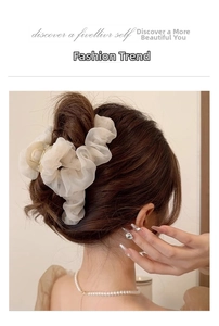 Detailed back view of an elegant pleated mesh scrunchie hair clip in beige tulle