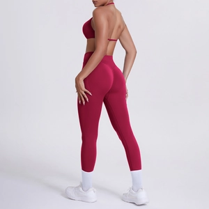 Vista posteriore del set da yoga bordeaux con leggings a vita alta e reggiseno con scollo a V