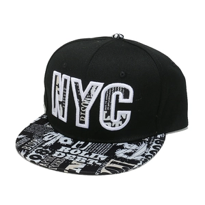 Flat brim NYC embroidery snapback hat with street style newspaper print brim in black