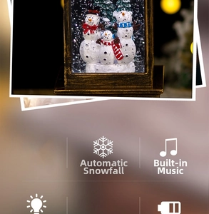 Vintage gold snowman snow globe with automatic snowfall, music, and warm LED lighting