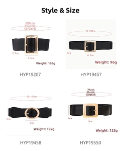 Size chart for black elastic belts with square buckles showing weights and dimensions
