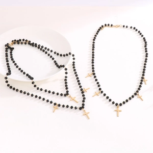Cross and heart charm necklaces with black crystal beads and titanium steel moon pendants