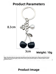 Detailed size specifications for the silver cherry keychain with black pearls
