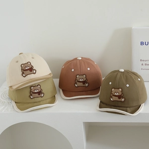 Toddler soft brim baseball caps with bear patches in beige, mustard, brown and green