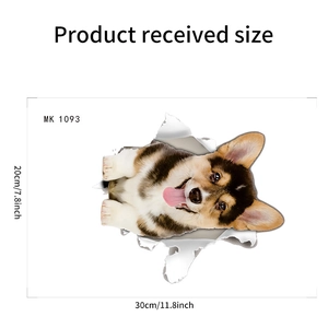 3D cartoon corgi dog decal with size dimensions for bathroom wall and toilet lid