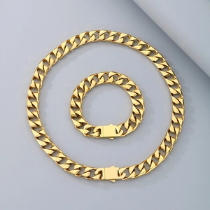 Classic 13mm golden Cuban link necklace and bracelet set with box clasp for men