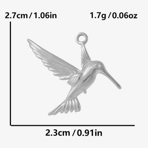 Detailed dimension view of 304 stainless steel hummingbird pendant with weight and size