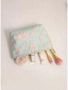 Beauty case in jacquard azzurro a fiori con grande capacità per trucchi e cosmetici