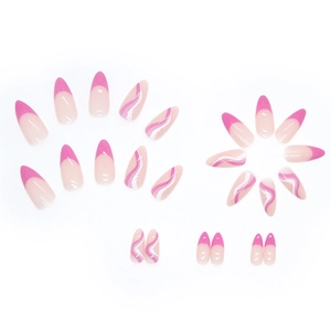 Pink almond French press-on nails with wavy patterns in a minimalist sweet design set