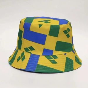Detailed shot of bucket hat fabric showing tricolor stitching and geometric diamond print