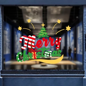 Merry Christmas glass window decal with festive reindeer and tree on shopfront window