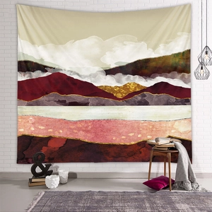 Detailed macro texture of a rectangular mountain tapestry in terracotta and gold tones