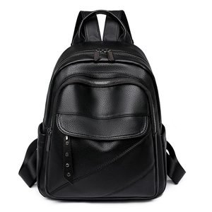 Classic black PU leather backpack with rivet details and large capacity for women