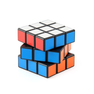 Classic 3x3 speed cube puzzle toy with colorful stickers in a dynamic rotating action