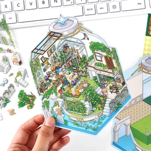 Whimsical garden bottle 2.5D sticker with miniature building and green plants detail