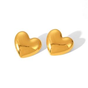 Detail of 18K gold-plated stainless steel heart stud earrings with polished finish