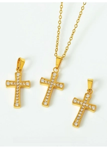 Close-up of gold-plated cross pendant featuring pave white zircon stones for jewelry DIY