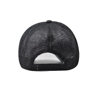 Detail view of black mesh trucker hat with adjustable plastic snapback closure on back