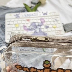 Detail of metal zipper and brown fabric trim on a transparent Capybara crossbody bag