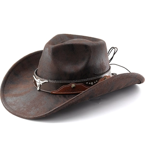 Dark brown leather western cowboy hat with vintage rivets and metal bull head emblem