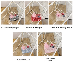 Detailed grid showing five colors of tweed crossbody bags with cute rabbit ornaments