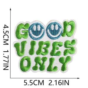 Good Vibes Only embroidered smiley face patch with dimensions 5.5cm x 4.5cm for bags