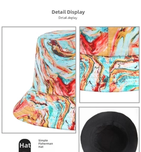 Detail view of colorful abstract tie-dye bucket hat with durable stitching and black lining
