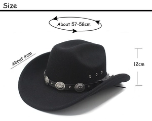 Detailed size specifications of black western cowboy hat with silver decorative belt