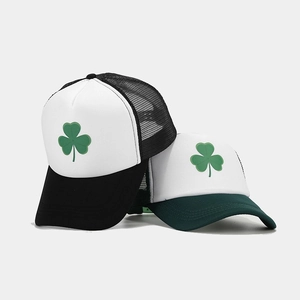 Breathable mesh baseball caps with clover print in black and dark green colors