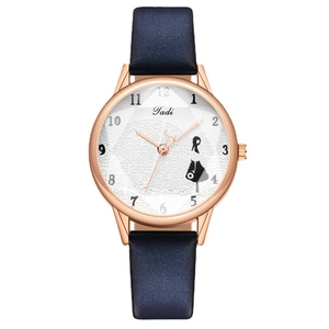 Stylish rose gold women's watch with world map dial and navy blue leather strap