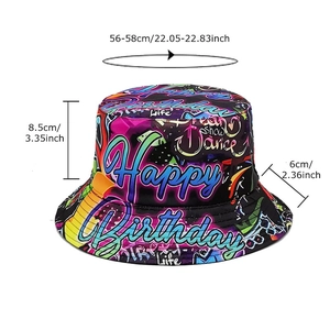 Graffiti bucket hat with Happy Birthday text, 56-58cm cotton sun cap for women