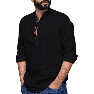 Detail of men's black cotton linen shirt featuring buttoned Henley collar and long sleeves