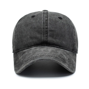 Unisex washed black cotton baseball cap with vintage distressed finish and curved brim