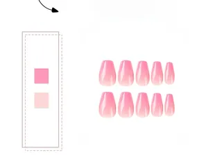 Detail showing 10pcs pink ombre press-on nails in medium coffin shape with glossy finish