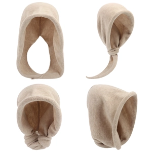 Macro detail of beige knit hooded scarf showing fine texture and multi-angle views