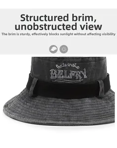 Detail of washed grey canvas sun hat with sturdy brim and high-quality embroidery