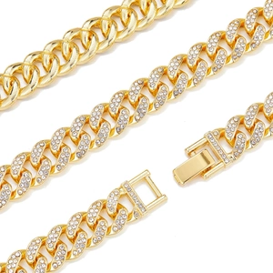 Classic gold Cuban link chain for men with iced out rhinestone pavé and secure box clasp