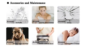 Guide for accessories maintenance showing tips to avoid chemicals and water on jewelry