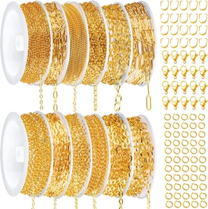 Gold plated DIY jewelry chain set with lobster clasps and open rings for crafting