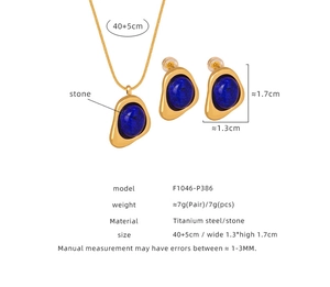 Detailed view of titanium steel jewelry set with dark blue stone in triangular design