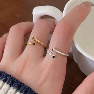 925 Sterling Silver Ring With Black Zircon Minimalist Open Adjustable Geometric Band INS Fashion Jewelry For Women