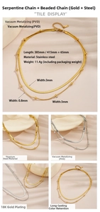 Detailed technical drawing of double-layered stainless steel gold snake chain necklace