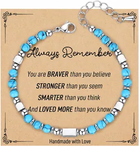 Detail of 4mm bohemian turquoise bead bracelet on card with motivational quote